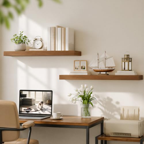 Image of HOOBRO 31.5 inch Floating Shelves for Wall, Set of 2 Wall Mounted Shelf | Hanging Shelf with Invisible Brackets, for Wall Decor Storage in Bathroom Bedroom Kitchen Living Room Office, Walnut