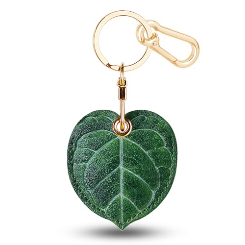Zhapynil Leather Keychain Holder Case for AirTag Cute Protective Cover for Apple Airtag KeyChain Ring Fob Accessories GPS Tracker Item Finder Case for Keys Walllet Pets(Leaf)