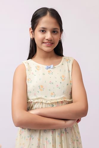 Image of Kids Girls Printed Embroidered Fusion Dress | Handmade Crafted Designer Ethnic Wear | 100% Cotton