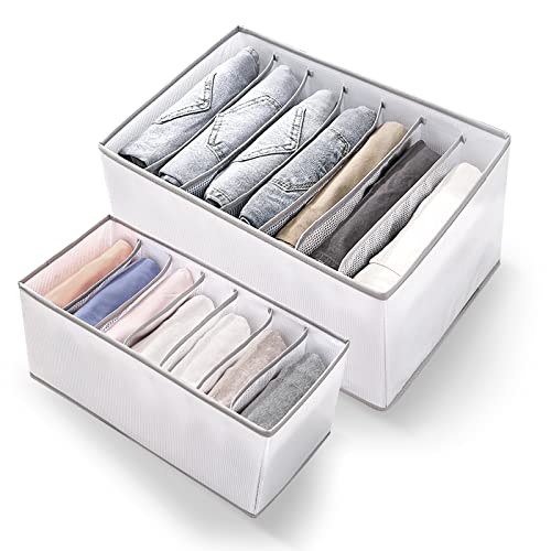Boîte de Rangement Vetement,2 PCS Boîte de Rangement Pour Jeans ,Pliable Organisateur Tiroir,Avec 7 Compartiments pour Vêtements, Pantalons, Chaussettes(Gris,1 PCS 36x25x20cm,1 PCS 36x18x18cm) Cover