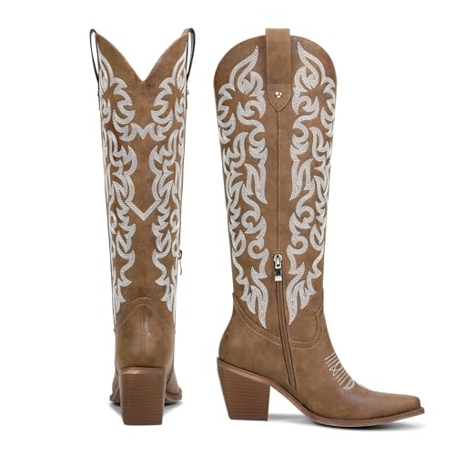 Image of wetkiss Women's Knee High Cowboy Boots | Western Cowgirl, Embroidered Pointed Toe, PU Leather, Chunky Heel, Pull On Tall