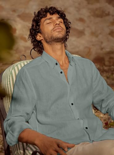 Image of Men's Long Sleeve Linen Shirt, Button Down, Casual Collared, Full Sleeve Shirt