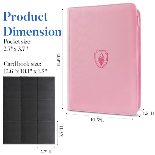 Image of Premium Zip Card Binder, Fabmaker 9 Pocket Trading Card Binder, PU Cover Zipper Card Collection Album, Sturdy 360 Side-Loading Card Folder Holder for Game & Sports Cards, Pink