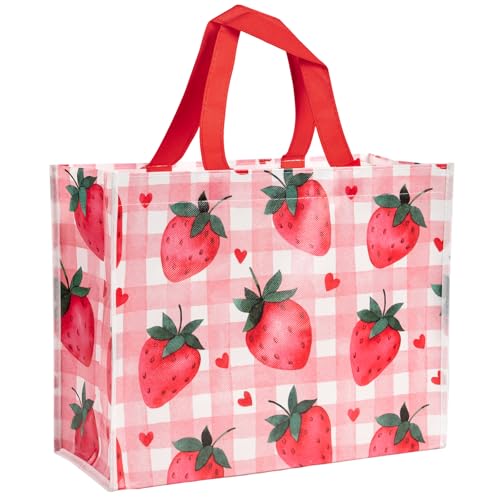 Loveinside Starberry Reusable Gift Bag Sweet Srawberry and Plaid Design Medium Recycled Pink Gift Bag for Girls Kids Birthday Summer Valentines Day Party Favor 13 x 5 x 10 1 Pcs