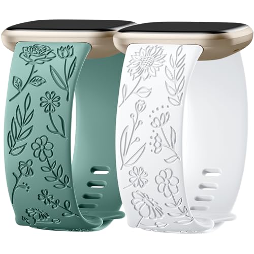 SNBLK 2 Pack Engraved Bands Only Compatible with Fitbit Versa 3/Fitbit Sense/Fitbit Versa 4/Fitbit Sense 2 Bands Four Models, Sunflower Rose Elegant Soft TPU Floral Pattern Replacement Strap