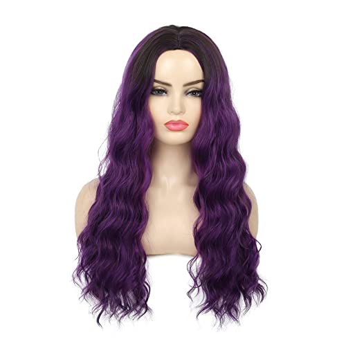 Image of Swiking Ombre Purple Curly Wavy Long Wigs for Women Black Root Natural Breathable Colorful Wig for Halloween Party Cosplay (Purple)