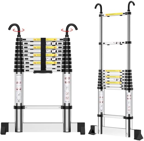 Teenza - Escalera telescópica de 2,9 m, Escalera Extensible con Ganchos y estabilizador, escaleras portátiles de Aluminio con Carga máxima de 150 kg