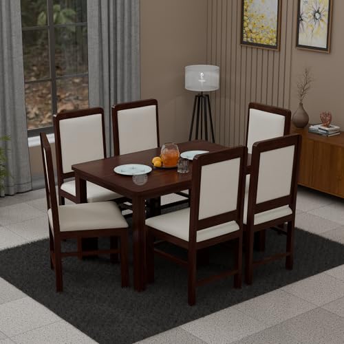 Image of VK Furniture Premium Solid Wood 6 Seater Dining Table Set of 6 for Home | Sheesham Wooden Dining Table with High Back Cushioned 6 Chairs Walnut |Dinning Table 6 Seater Chairs for Home| Cream Walnut