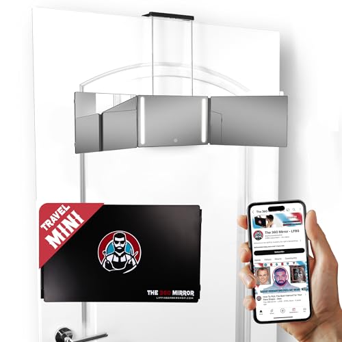 LIPFISBARBERSHOP.COM Portable Mini 360 LED Mirror - Adjustable Hooks - Self Haircut Mirro - Compact 3 Way Mirror for Precise Hair Cutting - Self Haircut Mirrorr