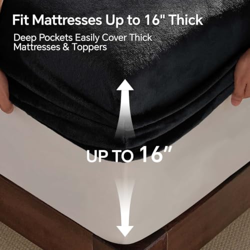 Image of BEDELITE Flannel King Fitted Sheet & Pillowcases Set, Black, 3 Pieces | Ultra Soft Plush Fleece Bed Sheet with Elastic Corner Straps, 16 Inch Deep Pocket, Fuzzy All-Season Gift & Room Decor