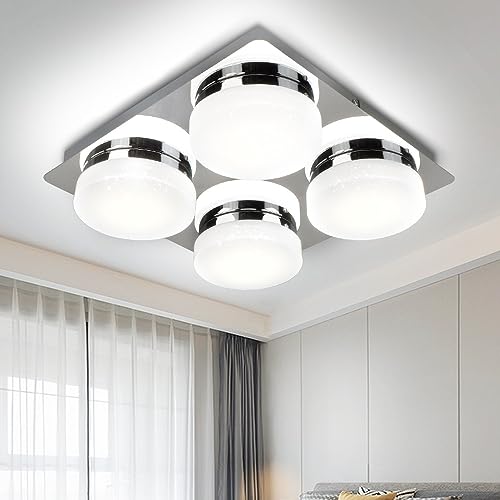 PADMA 4 Way Kitchen Ceiling Lights Chrome Finish Square Spot Lights 20W 6000K Cool White Large Flush Ceiling Lighting for Bedroom Living Room Star Effect for Kids Kitchen Lounge