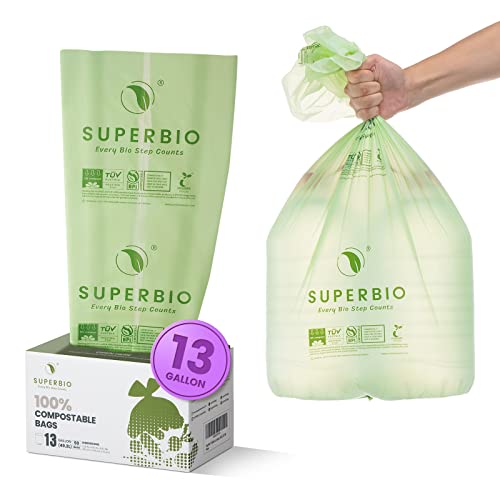 Superbio 13 Gallon Compostable Flat Top Tall Kitchen Garbage Bags, 50 Count, 1 Pack, Food Scrap Trash Bags Certified By Bpi And Ok Compost, 49.2L, 0.87 Mil #TOP8
