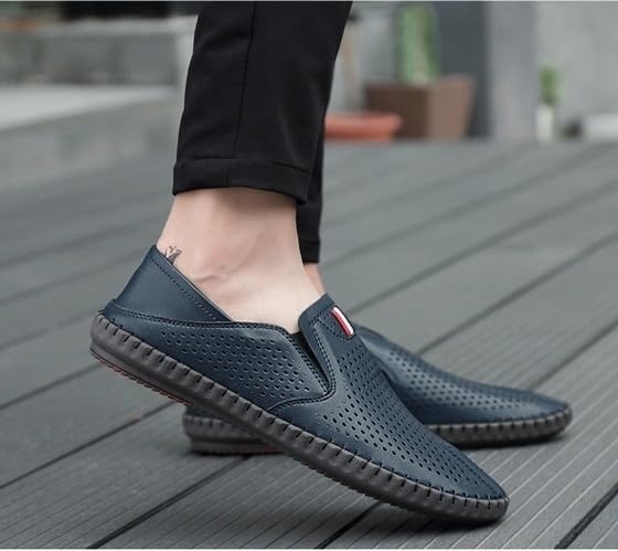 Mens Leather Cut Out Breathable Loafers Fashion Round Toe Slip On Soft Solewalking Flats Sandals Formal Business Casual Comfortable Work Shoes4