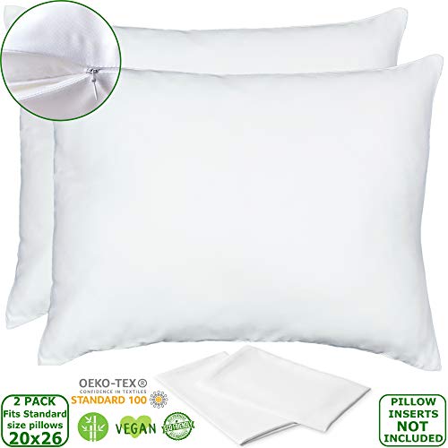 Vegan Silk Bamboo Pillow Cases Lyocell - Set of 2 Zippered Pillowcases, White