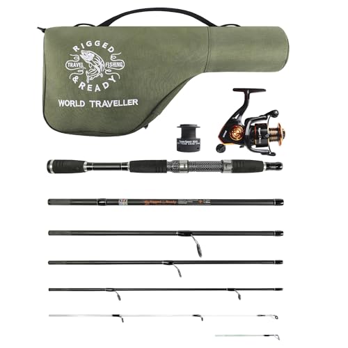 Ensemble Moulinet et étui pour Canne à pêche de Voyage World Traveler. Nano-Carbone, Compact 6 Sections, 2 Pointes. 215cm 7’ + 1.9cm 6’ 1” Spin Bait Carpe...