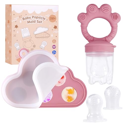 Image of Silicone Baby Fruit Food Feeder with Breastmilk Popsicle Molds Baby Food Freezer Tray Set for Baby Teething Relief Baby Fruit Pacifier Feeder for Safe Infant Self Feeding Extra Food Pouches