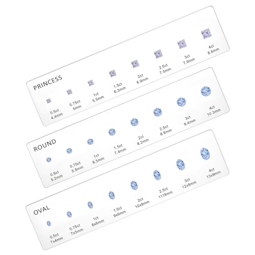 Diamond Sizer Shape Guide Size Kit, 3 Pcs Ring Sizer Measuring Tool Transparent Professional Diamond Carat Chart Comparison Tool for Round, Oval, Princess Shape