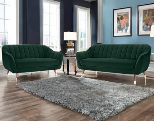 Image of AMATA Marino 3+2 Seater Green Suede Velvet Fabric Sofa Set with Two Cushions Perfect for Home Office Guests Living Room with 3 Year Warranty (04 Green, 3+2 Seater)