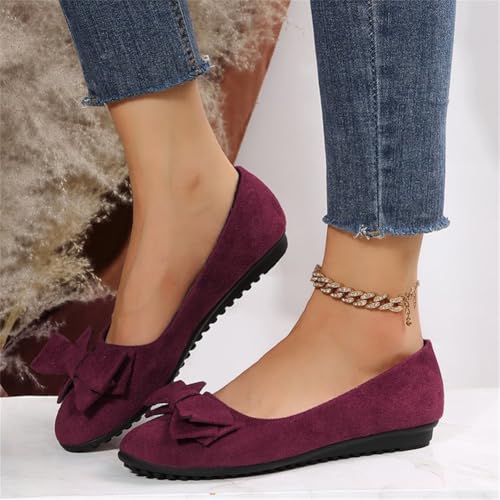 Women's Bow Flat Casual Suede Shoes Classy Round Toe Mary Jane Ballet Flats Soft Bow Dressy Shoes Arch Support Slip On3