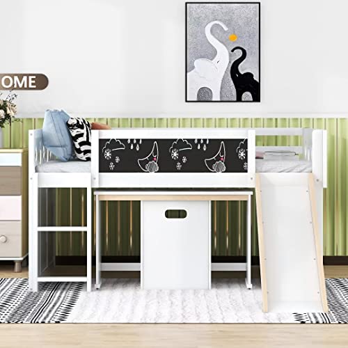 Kxry Low Loft Bed Full Size With Slide,Desk And Chair, 4 Cabinets, Wooden Frame Loft Bed With Climbing Ladder,Safety Guard Rails & Storage Space For Kids Toddler,White #TOP2