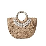 KIXZSAZ Bolsos de ratán de media Bolsos mano tejidos vintage concha playa verano Bolso estilo bohemio para viajes Camping, Color café