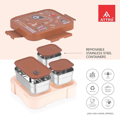 Image of ATTRO Admire Deluxe 3 Compartment Stainless Steel Lunch Box, BPA-Free Inner Steel, Lightweight & Durable, Easy Carry Tiffin for Kids,School & Travel-Soccer Print Brown-800ml