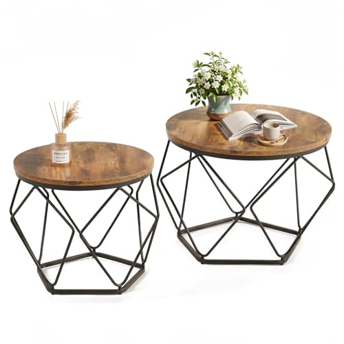 DUMOS Modern Geometric Coffee Table Set of 2, Round Nesting Side Tables with Hidden Storage, Movable End Tables for Living Room Decor & Practical Use