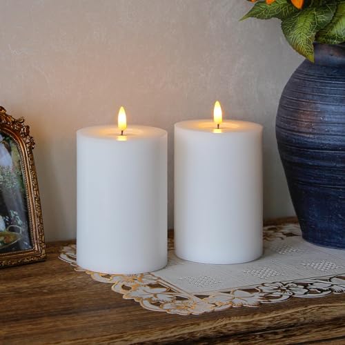 Image of Flameless Flickering 4 inch x6 inch Real Wax White Remote Candles with Candle Grease, Pack of 2 Timer LED Battery Operated Fake Warm Light Pillar Candles for Home, Banquet, Ceremony Decoration