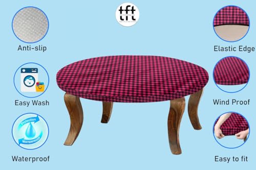 Image of The Furnishing Tree Round Elastic Fitted Center Tpoy Table Cover WxL 20x20 Inches Checkered Pattern Maroon