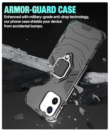 Image of WOW IMAGINE Shock Proof Back Case Mobile Cover for Apple iPhone 12 (Armor | Hybrid PC + TPU | Full Protection with Ring Holder Kickstand | Carbon Black)