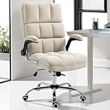 HOMHUM Velvet Desk Chair with Flip-up Arms, Ergonomic High Back Executive Office Chair, Comfortable Upholstered Fabric Home Vanity Chair, Beige