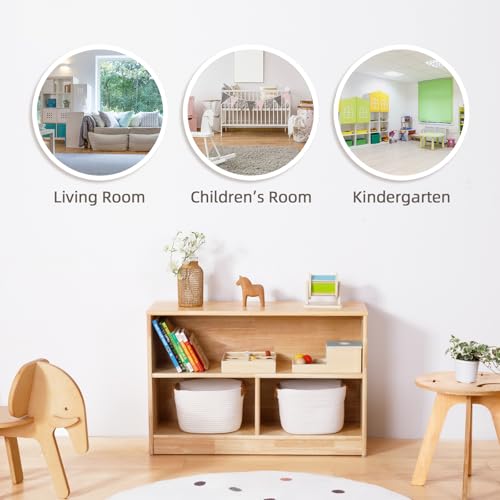 Image of OOOK Rubber Wood 3-Compartment Wooden Storage Cabinet, 35.4 inch L, 2-Tier Toy Organizers and Storage, Montessori Shelf for Kids Room, Playroom, Nursery, Classroom, Kindergarten