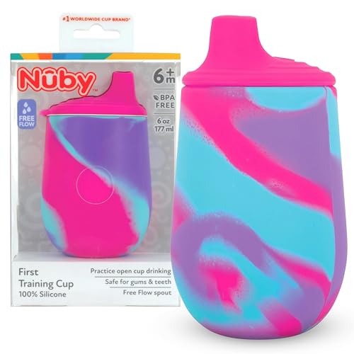 Image of Nuby Silicone Tie-dye First Training Cup with Free Flow Soft Spout - 6oz, 6+ Months, Pink/Purple