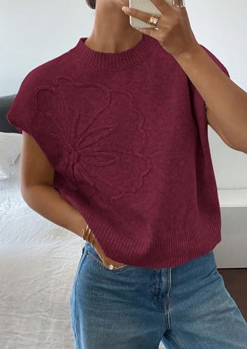 PRETTYGARDEN Women's 2026 Spring Sweater Vest Trendy Flower Knit Short Sleeve Cute Pullover Tank Tops Summer Fashion Clothing (Burgundy,Large) — view 3