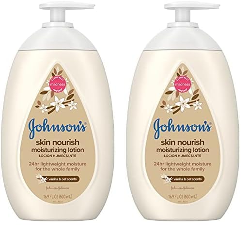 Image of Johnson's Baby Skin Nourish Moisturizing Baby Lotion for Dry Skin with Vanilla & Oat Scents, Gentle & Lightweight Body Lotion for The Whole Family, Hypoallergenic, Dye-Free, 16.9 fl. oz (Pack of 2)