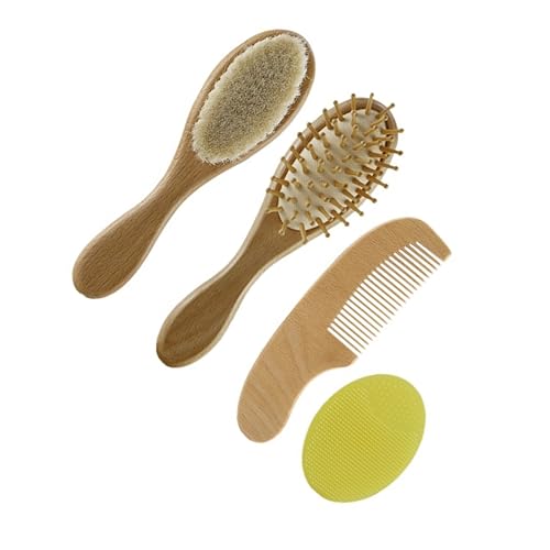 ASAKKURA Safe Healthy Baby Hairbrush Set Wooden Comb Bath Brush Massage Tool Wool Gentle on Scalp for Children