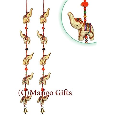Door Hanging Decorative Cotton Elephants in Vibrant Color & Ivory Stringed with Beads and Brass Bell Set of 2 Pcs Cover