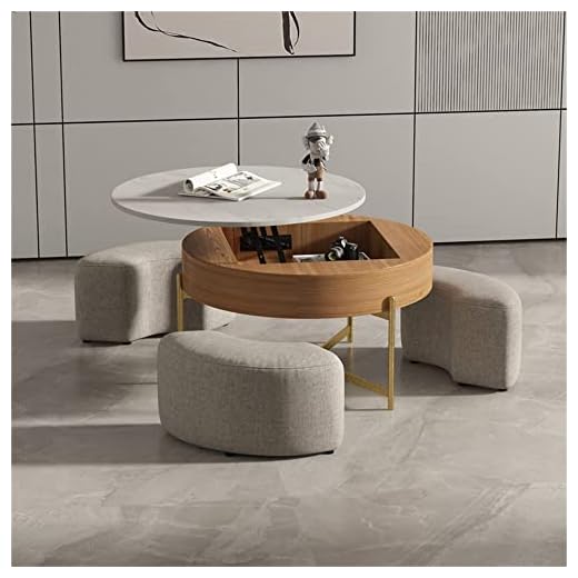 MGH Round Coffee Table with Storage,Lift-Top Wood Coffee Table Lifts up with Stools for Living Room,Office,Balcony (White),CT1817