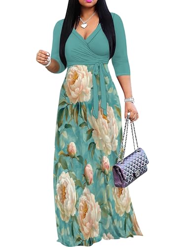 Image of PinkPatty Plus Size Maxi Dress for Women 3 /4 Sleeve Casual Long Dress | Soft stretchy fabric, functional pockets, flattering wrap v neck for vacation, casual wear and everyday styling