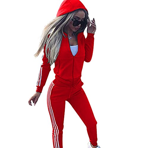 Cutecc Casual 2 Pieces Athletic Outfits Zip up Hooded Jacket and Long Sweatpants Sportswear Tracksuit Set (XL/US 14, Red)