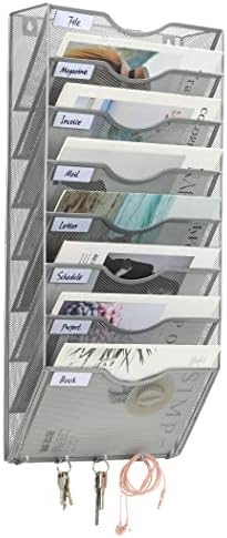 EasyPAG 10 Tier A4 Mesh in Tray Wall Pocket File Holder Mail Organiser Magazine Storage Rack with 5 Hooks for Keys,Black