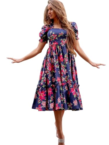 Image of Shasmi Women's Navy Blue Georgette Digital Floral Printed Floral Printing Short Sleeve A-Line Maxi Gown Dress for Women (Gown Dress 248)