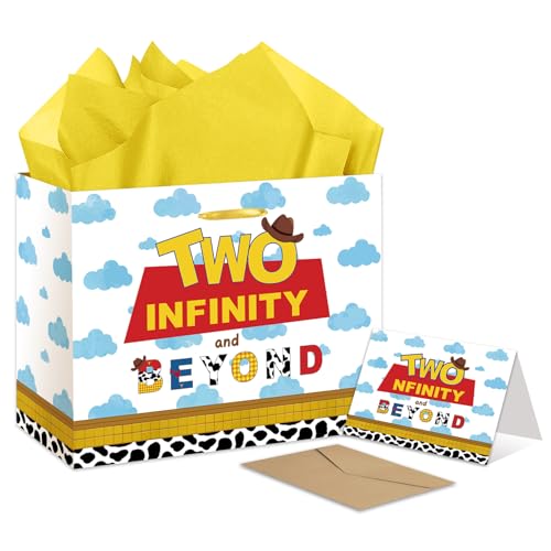 RTMISA Two Infinity and Beyond Birthday Gift Bag with Tissue Paper and Greeting Card Cartoon Story 2 Year Old Boy Birthday Gifts Wrapping Bag 2nd Birth Day Decorations Supplies
