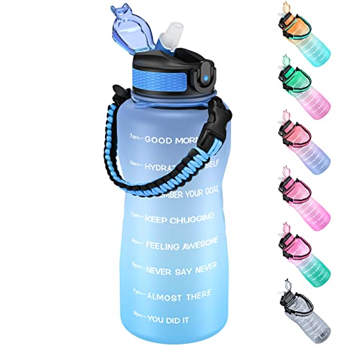 TOPBADE Trinkflaschen mit Strohhalm 2 Liter, Motivierend Sportwasserflaschen, mit Zeitmarkierungen, Wasserflasche mit Abnehmbarem Paracord Tragegriff for Fitnessstudio, Schule, Büro BLAU