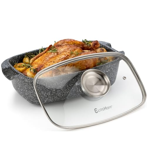 EliteHoff Olla para asar con tapa de 6,5 L, olla de aluminio, resistente al calor, para guisar, hornear y asar, para inducción, gas, cocina eléctrica, horno, color gris (E-7050)