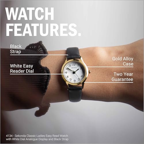 Sekonda Classic Ladies Quartz Easy Read Watch with White Dial Analogue Display and Black Strap - Image 5