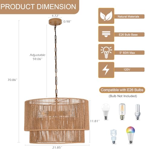 Boho Large Rattan Chandelier Light Fixture, 22 Hand Woven Rustic Boho Chandelier 5-Light Farmhouse Chandelier Hanging Light for Dining Room, Kitchen Island, Living Room, Foyer, Bedroom