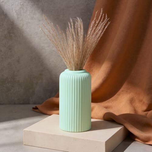 Image of KREATIVE ART'S Modern Ribbed Design Ceramic Flower Vase for Living Room, Flower Pots for Artificial Flower, Home Decoration Item, Home Decor, Vases for Living Room (Light Green, Small)