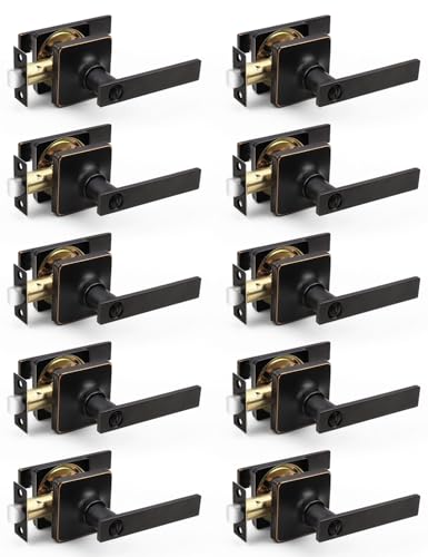 Mengico 10 Pack Oil Rubbed Bronze Privacy Lever Door Handle Interior with Lock Heavy Duty Square Door Lock for Bed/Bath Keyless Door Locksets Reversible for Left Right Handed Doors