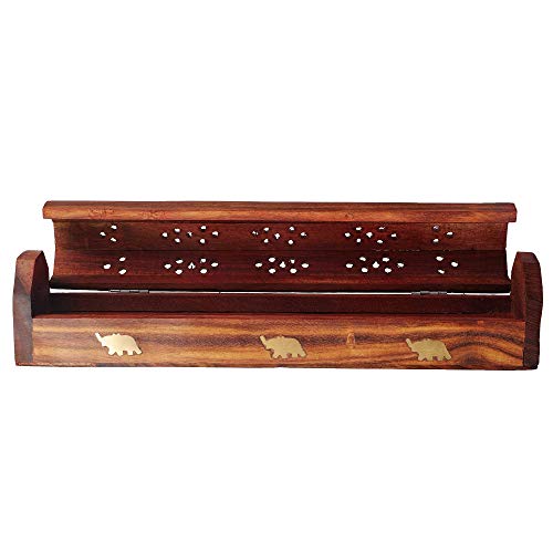 Karigar Creations Sheesham Wood and Brass Agarbatti Holder Wooden Incense Stick and Dhoop Box with Smoke Vents and Storage Compartment, 12x2x1.5 Inch